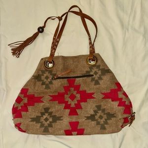 Lucky Brand Canvas Large Tote Bag Western Aztec Brown Cranberry Red.